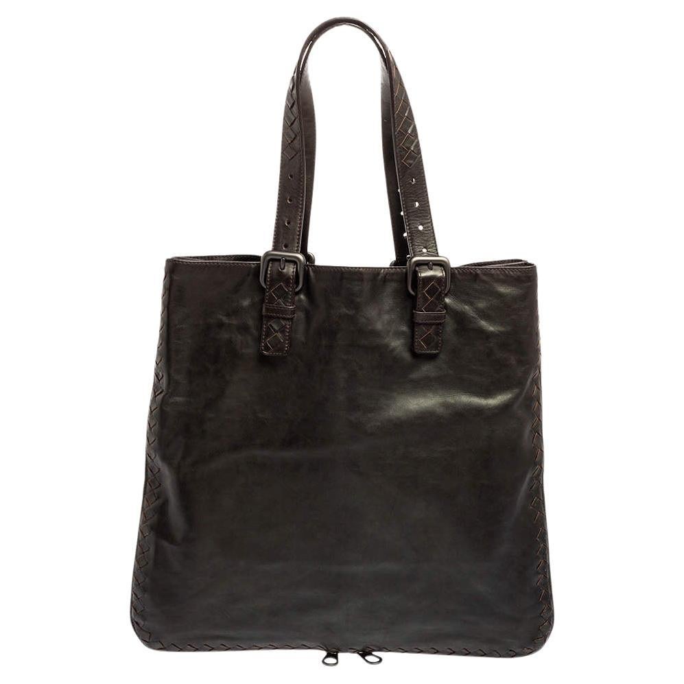 Bottega Veneta Dark Brown Intrecciato Trim Leather Expandable Tote For Sale