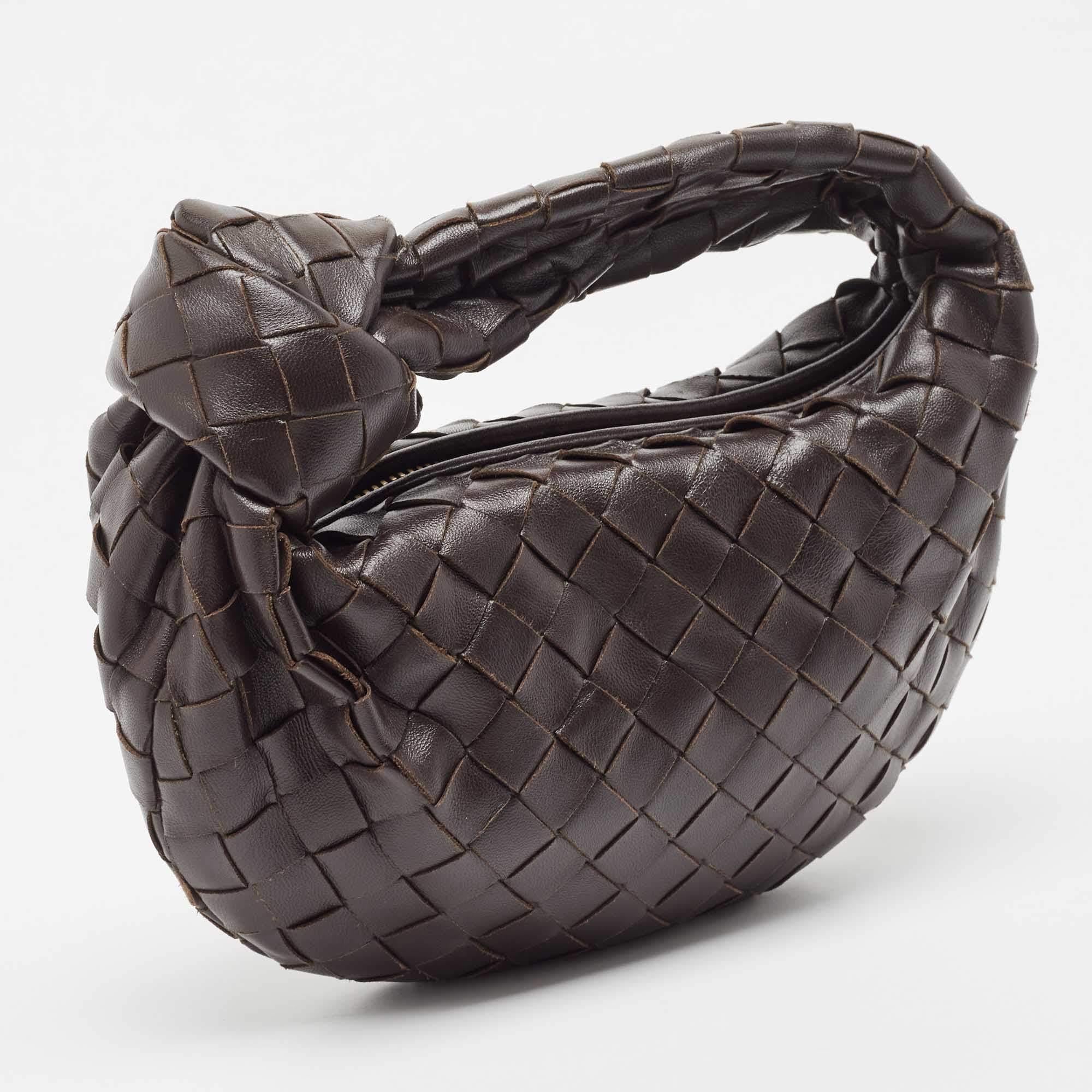 Women's Bottega Veneta Dark Brown Leather Intrecciato Mini Jodie Top Handle Bag