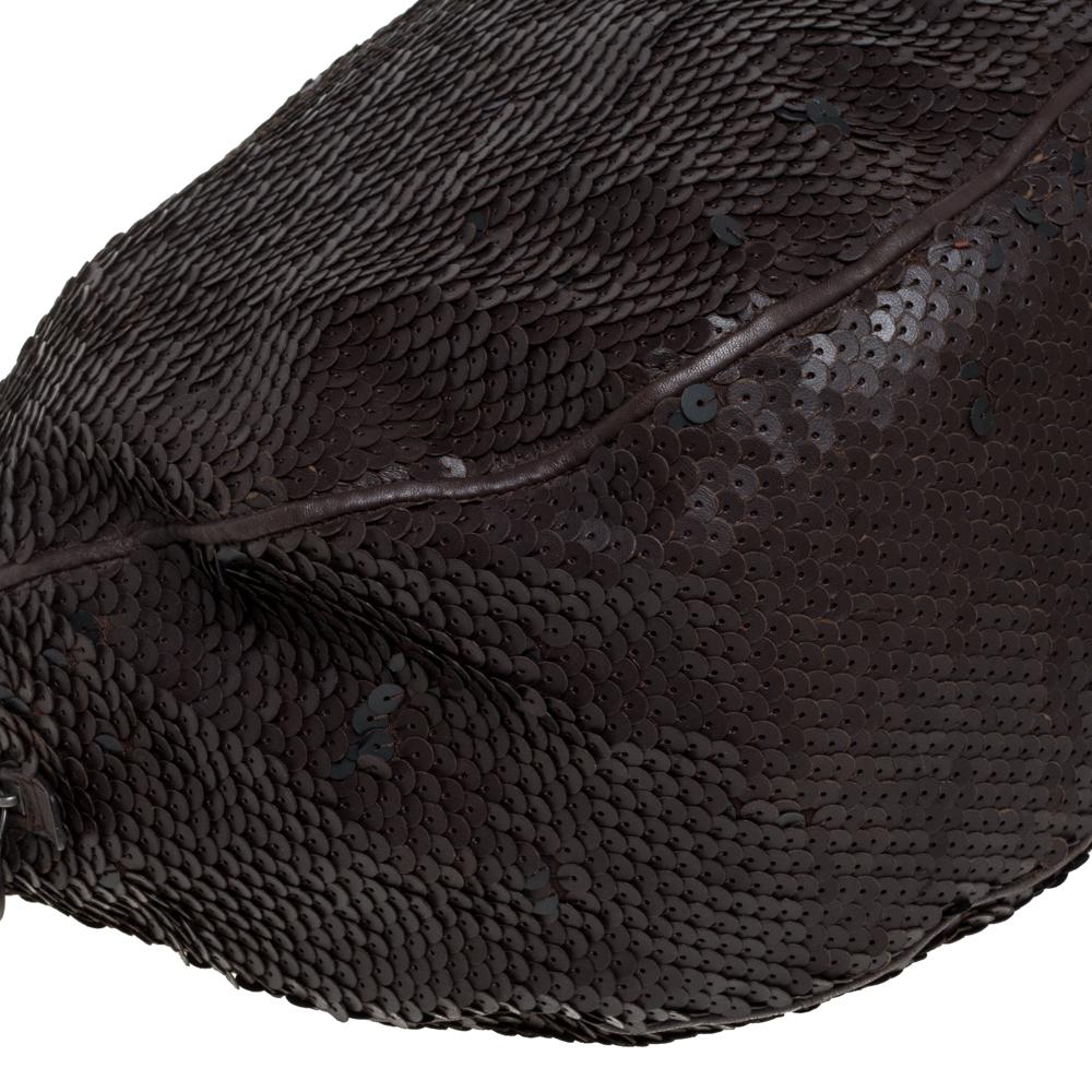 Bottega Veneta Hobo Paillette Ebano Piel Lentejuelas Marrón Oscuro Negro