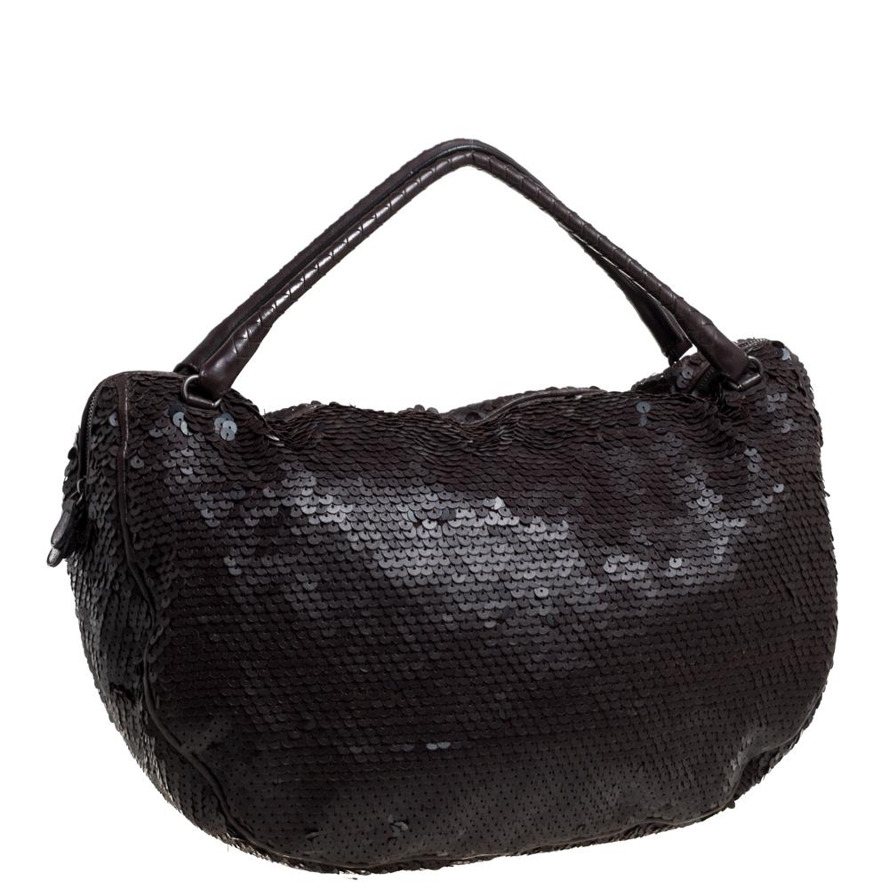 Bottega Veneta Hobo Paillette Ebano Piel Lentejuelas Marrón Oscuro 4