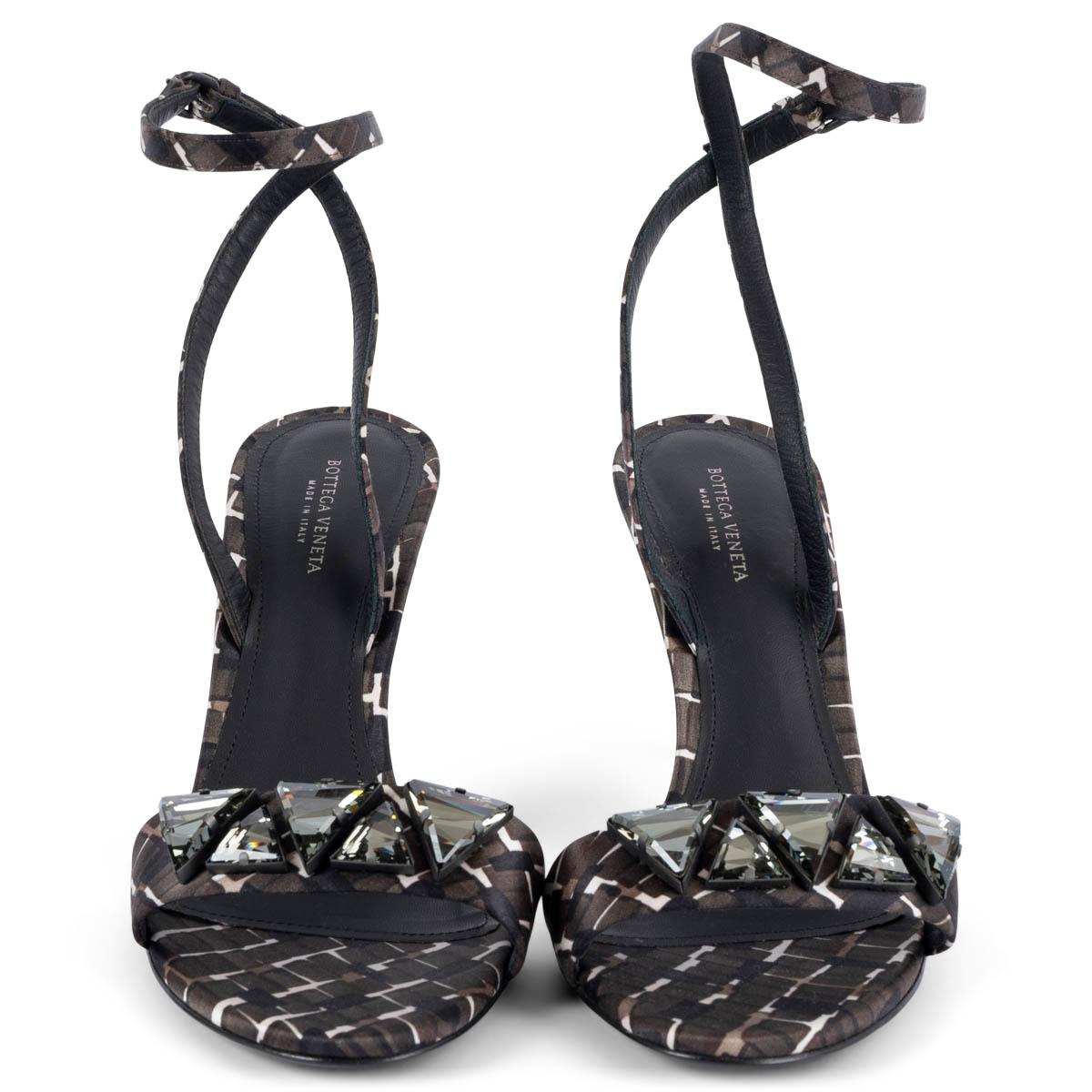 100% authentic Bottega Veneta ankle-strap sandals in espresso brown, black and white silk satin embellished with triangular crystals. Have been worn once inside and are in virtually new condition. Come with dust bag.

Measurements
Imprinted