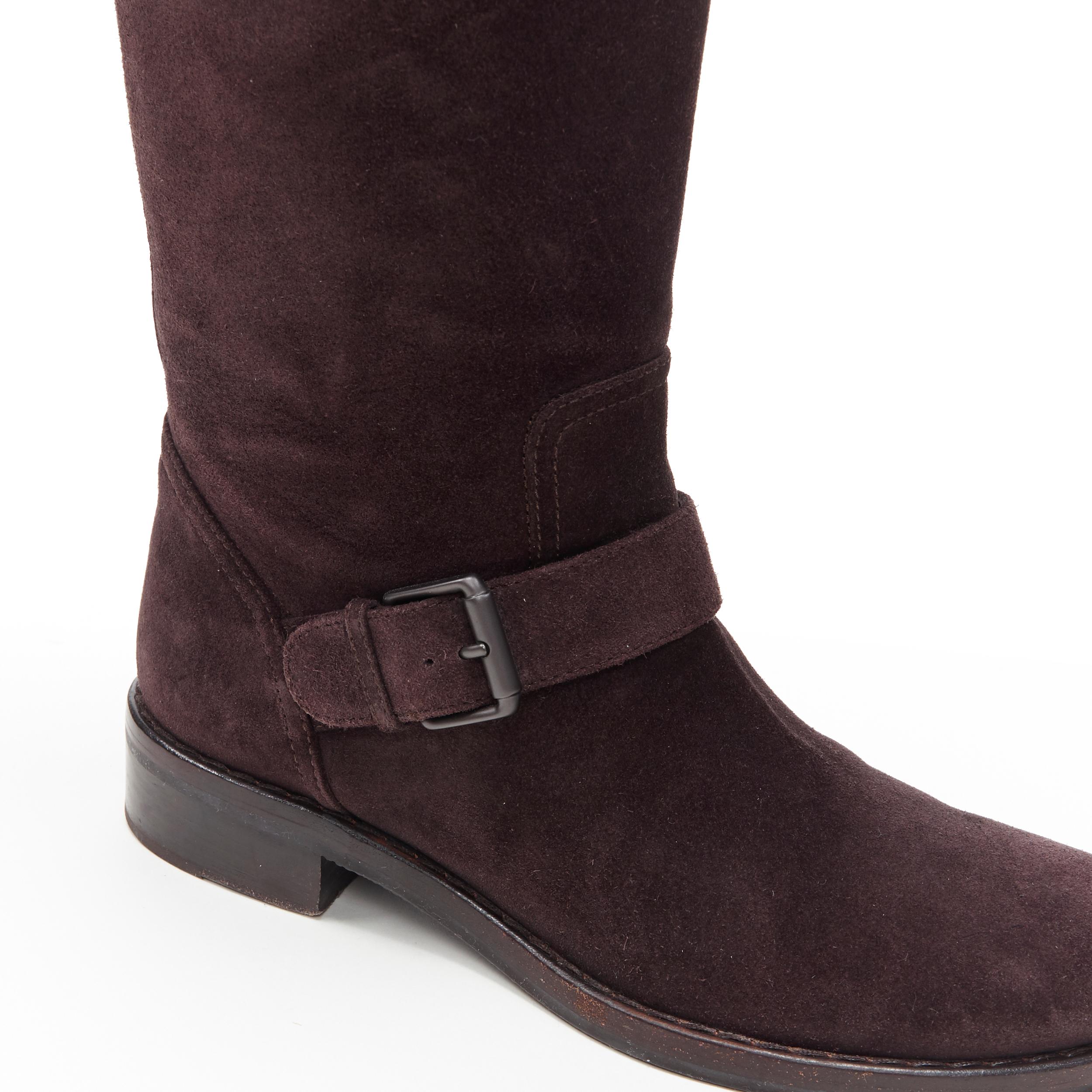 Women's BOTTEGA VENETA dark brown suede leather buckled pull on tall boot EU37.5