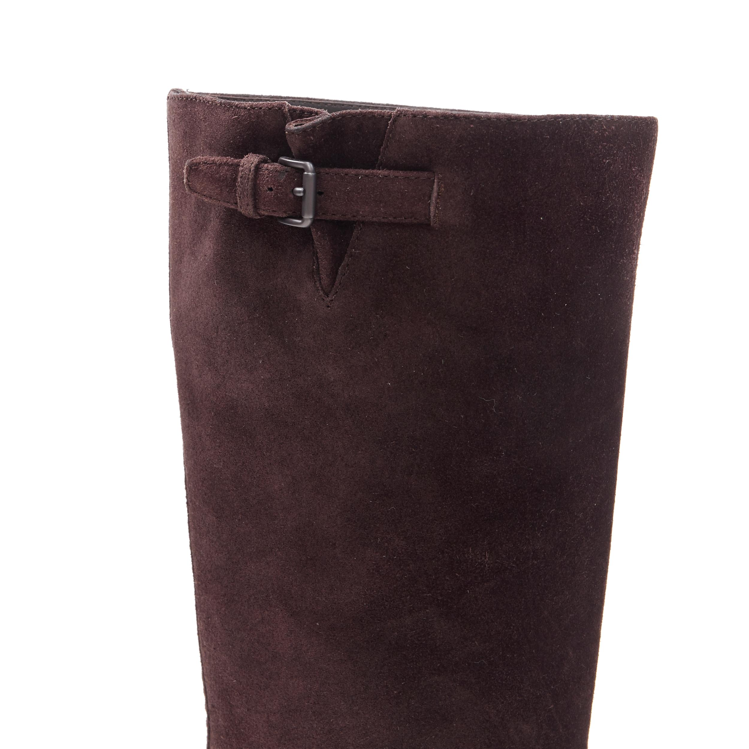 BOTTEGA VENETA dark brown suede leather buckled pull on tall boot EU37.5 1