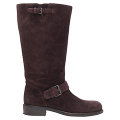 BOTTEGA VENETA dark brown suede leather buckled pull on tall boot EU37.5