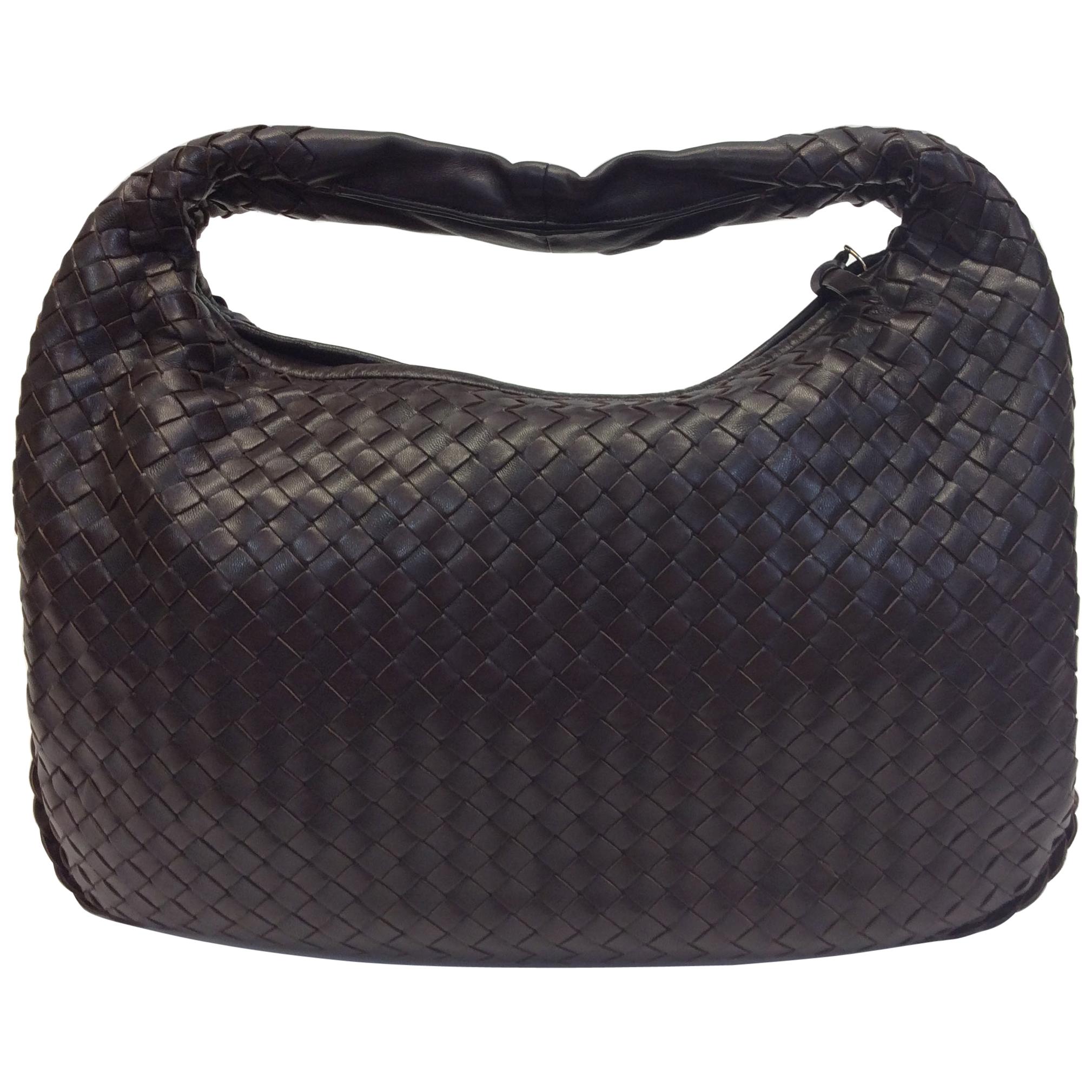 Bottega Veneta Dark Brown Woven Leather Shoulder Bag For Sale