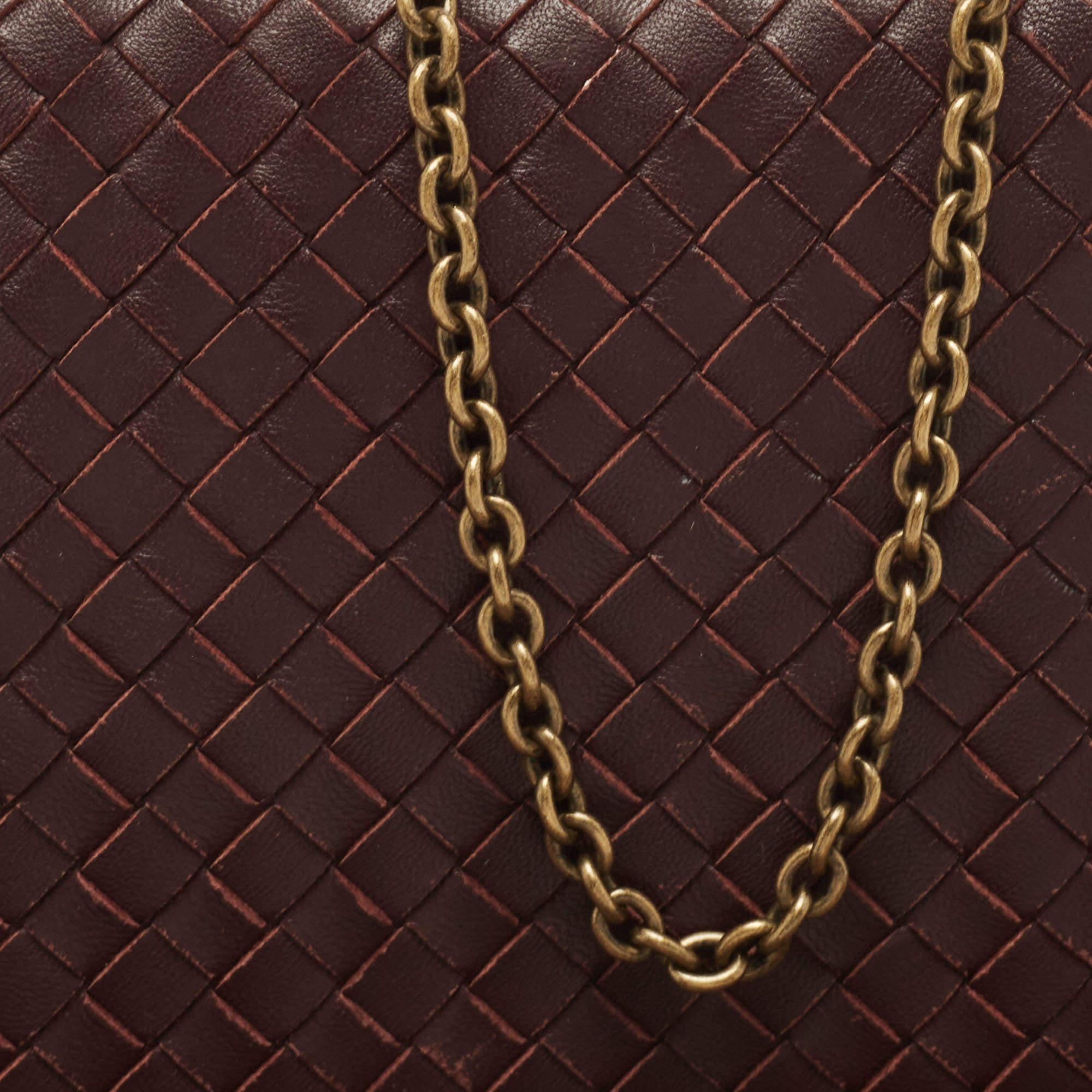 Bottega Veneta Dark Burgundy Intrecciato Leather Flap Chain Clutch 2
