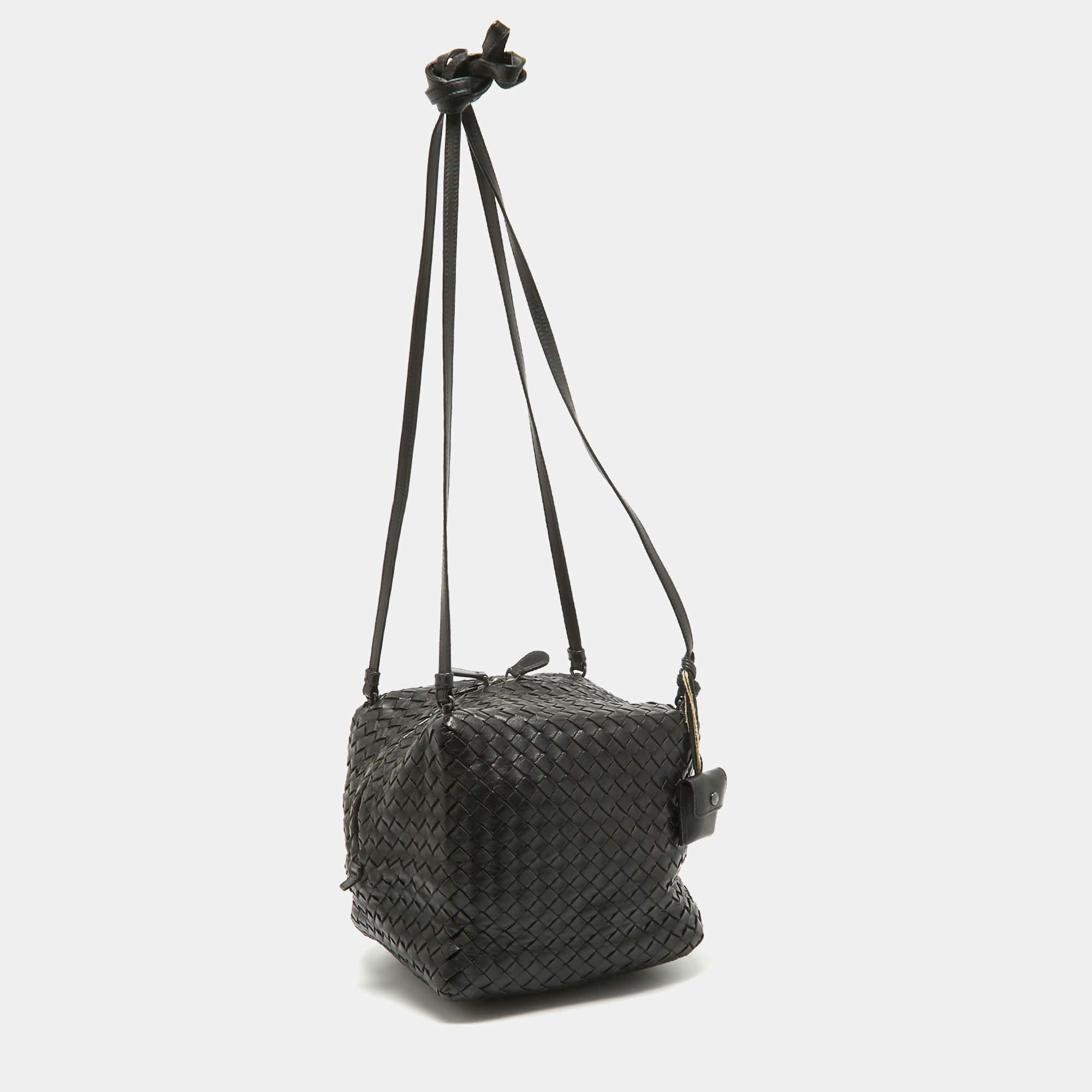Black Bottega Veneta Dark Choco Brown Intrecciato Leather Cube Shoulder Bag