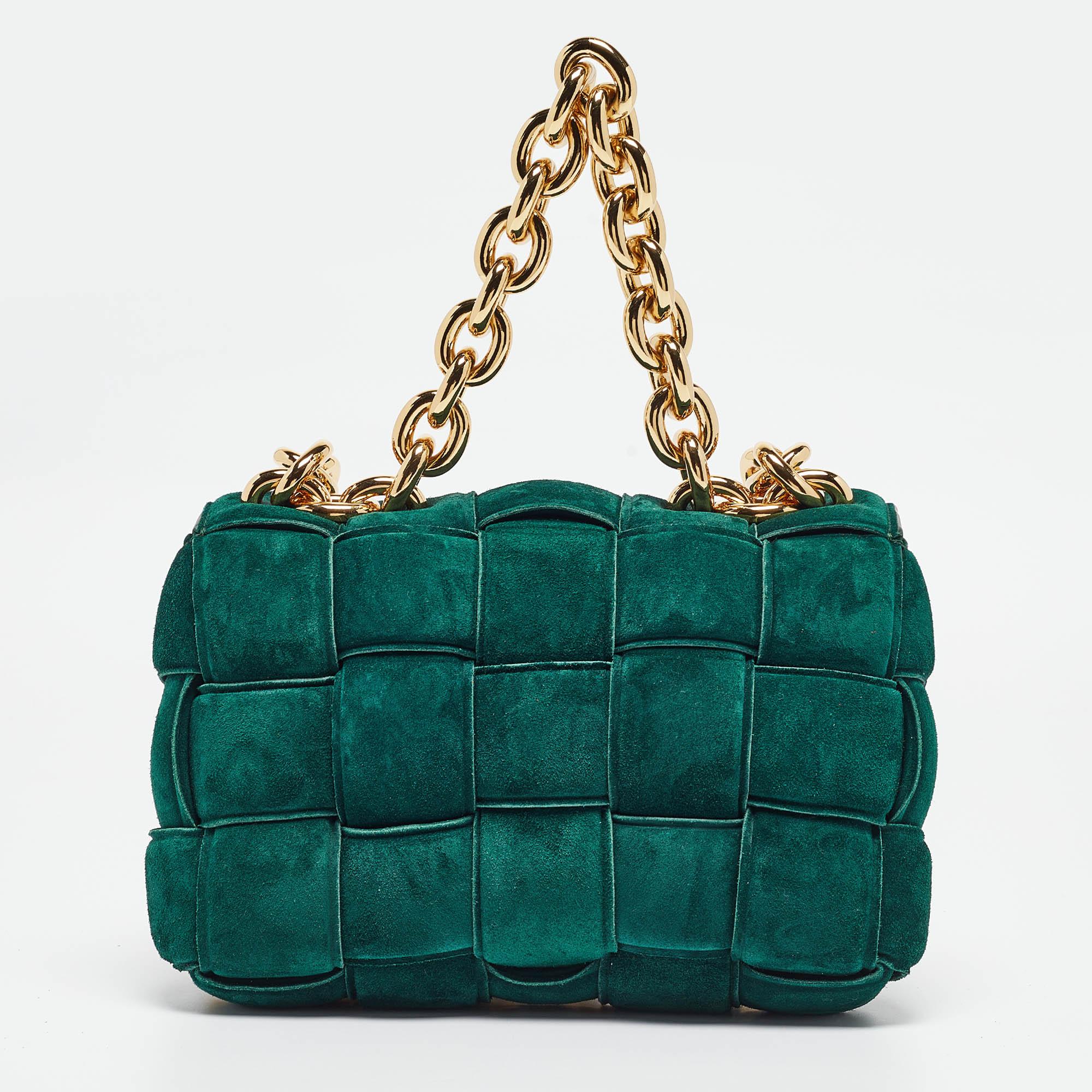 Women's Bottega Veneta Dark Green Padded Suede Chain Cassette Shoulder Bag