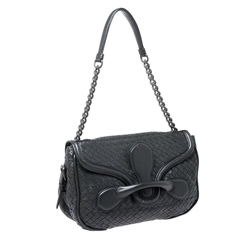 Bottega Veneta Dark Grey Intrecciato Leather Flap Chain Bag In Fair Condition In Dubai, Al Qouz 2