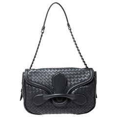 Bottega Veneta Dark Grey Intrecciato Leather Flap Chain Bag