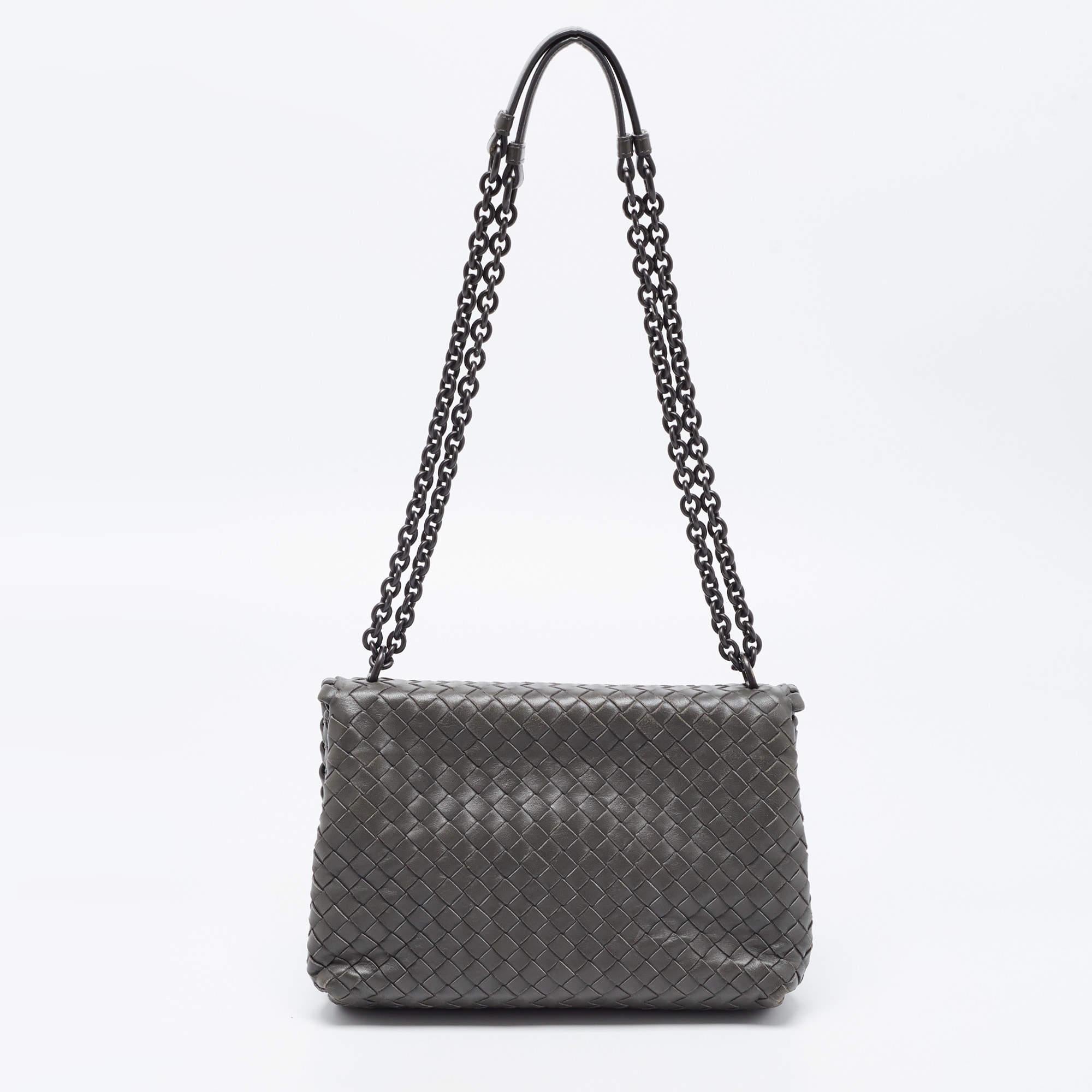 Bottega Veneta Dark Grey Intrecciato Leather Olimpia Flap Shoulder Bag 8