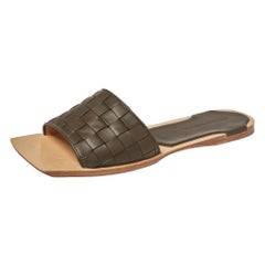 Bottega Veneta Dark Olive Green Intrecciato Leather Flat Slides Size 41