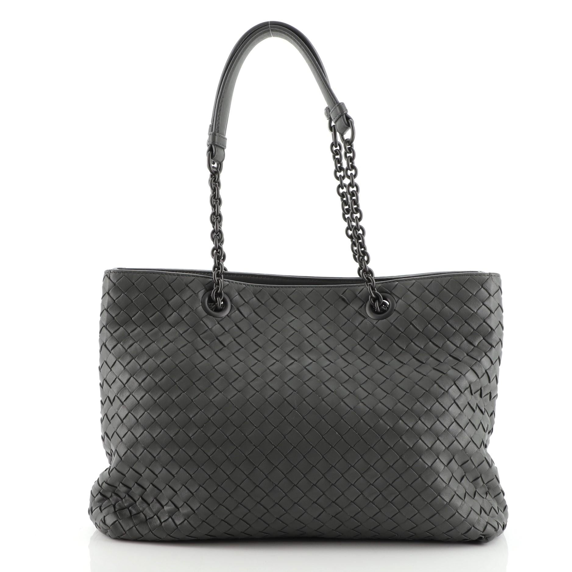 Black Bottega Veneta Double Chain Tote Intrecciato Nappa Medium