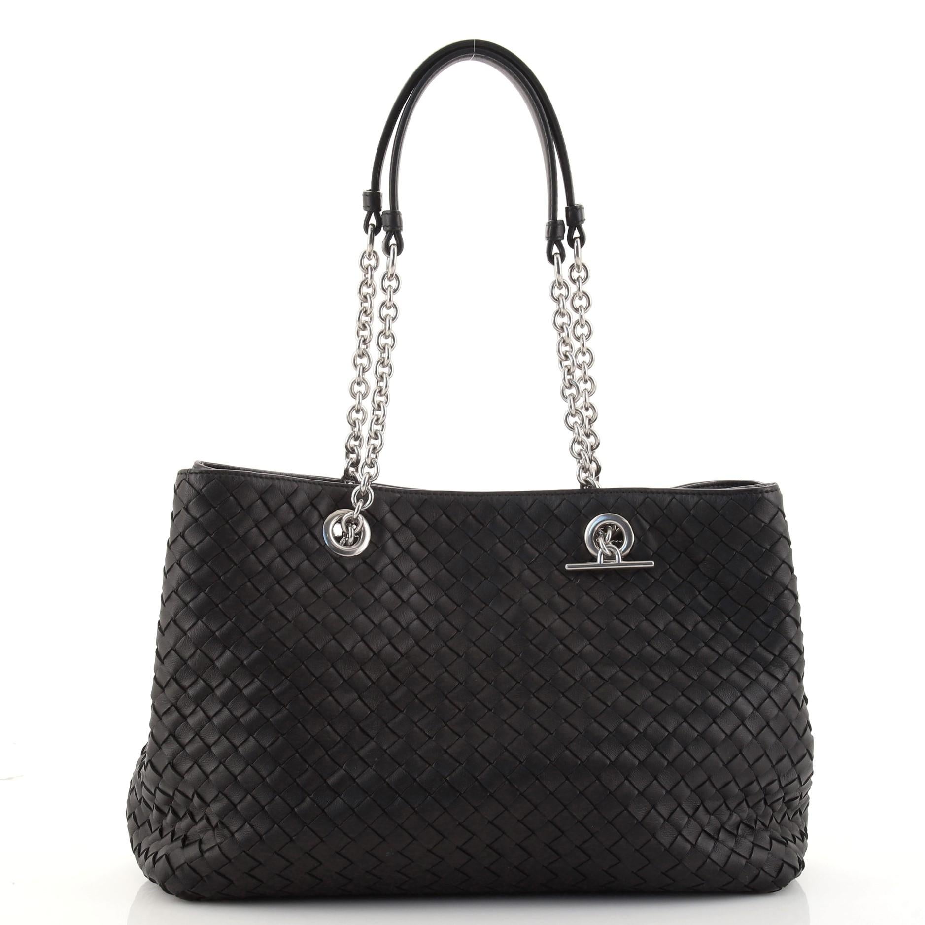 Black Bottega Veneta Double Chain Tote Intrecciato Nappa Medium