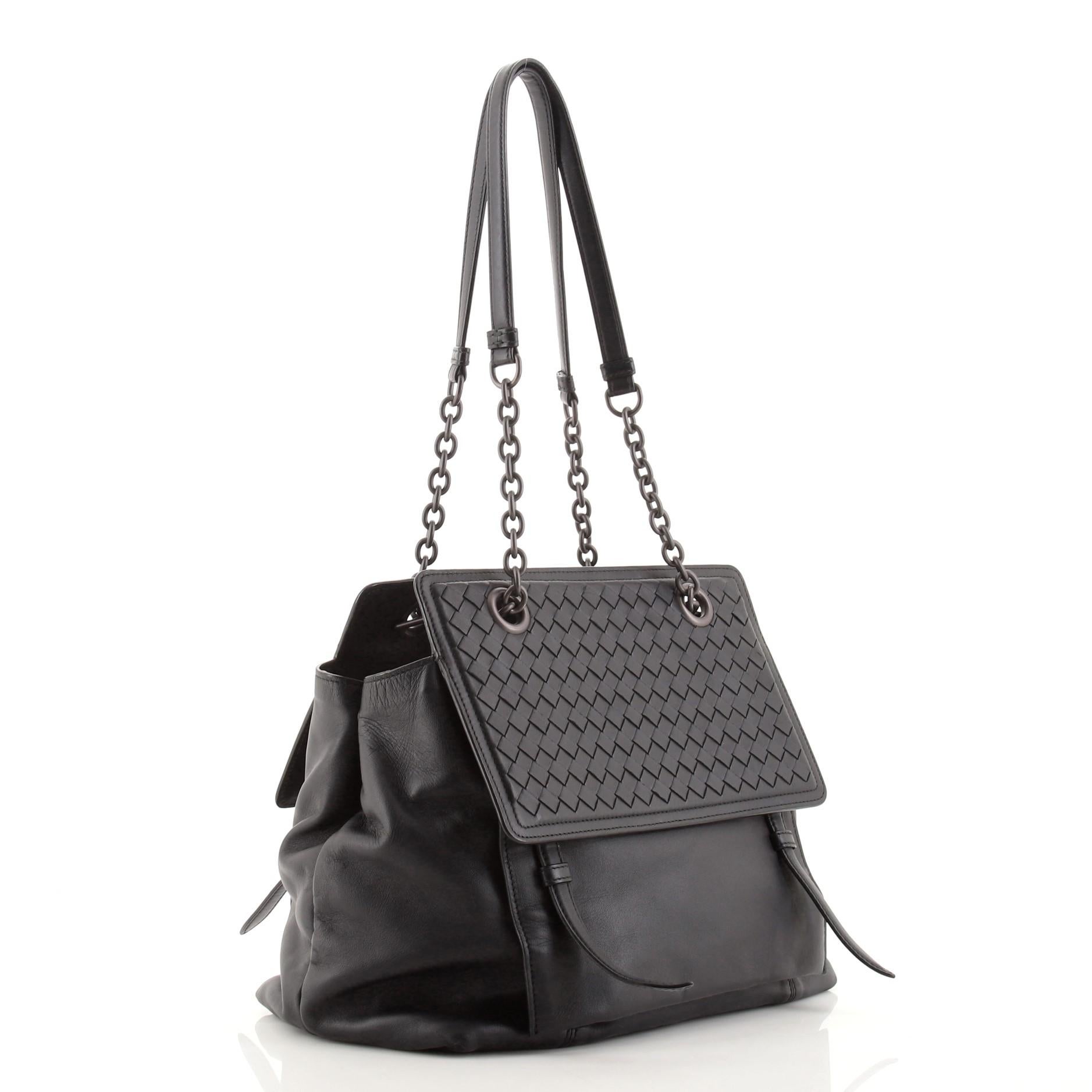 Black Bottega Veneta Double Flap Chain Tote Leather with Intrecciato Detail Medium