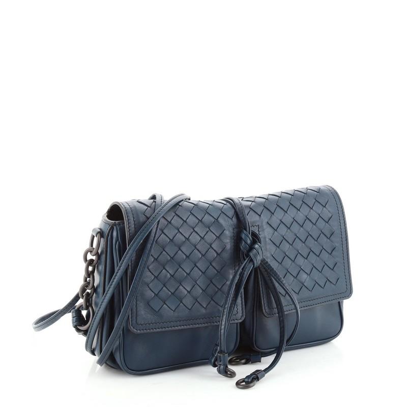 Umhängetasche aus Leder und Intrecciato Nappa von Bottega Veneta mit doppelter Klappe (Schwarz)