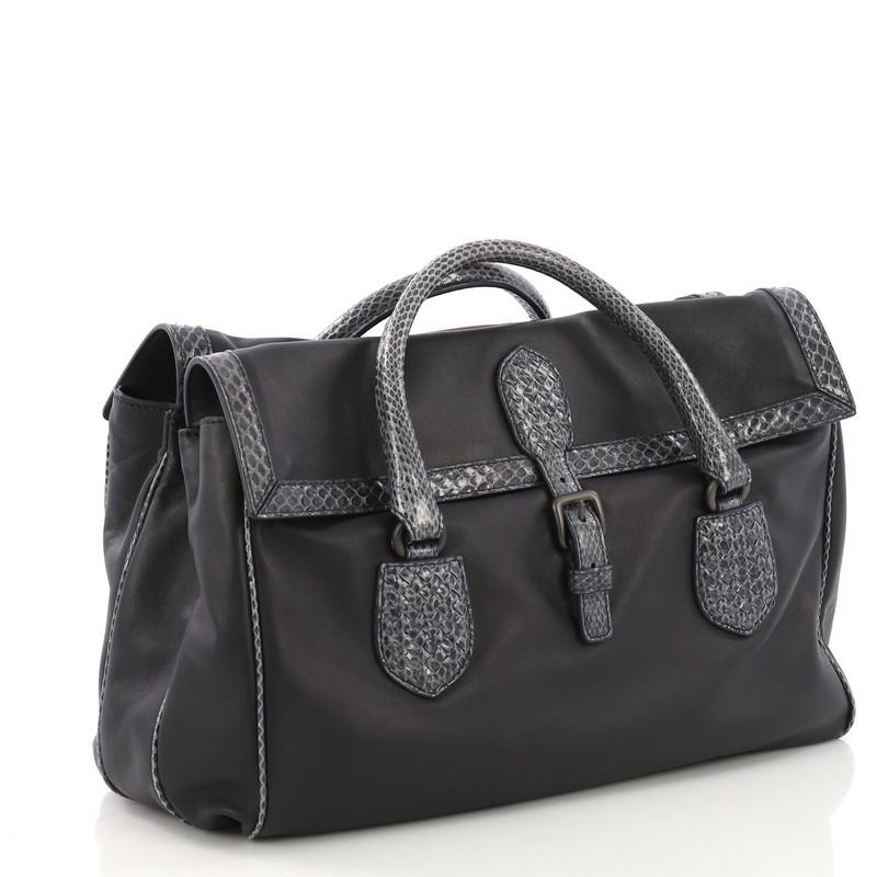 Black Bottega Veneta Double Sided Buckle Top Handle Bag Leather with Python Detail