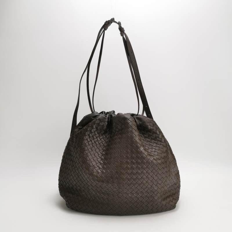 Black Bottega Veneta Drawstring Dark Chocolate Brown Intrecciato Large Crossbody Bag