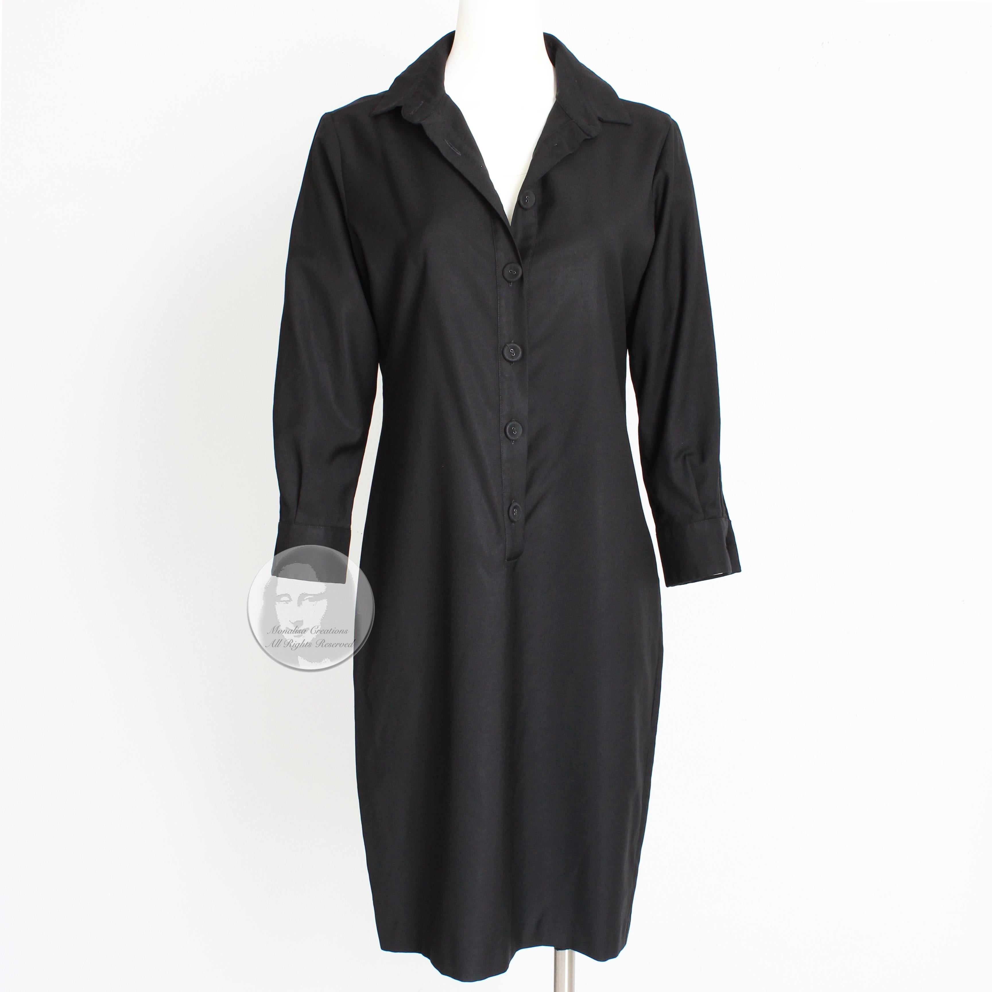 Authentic, preowned Bottega Veneta ladies black shirtwaist dress, likely made in the 90s.  Made from 100% virgin wool twill, it features a button front bodice and 3/4 sleeves.

A chic little black dress that's lightweight and so easy to wear and