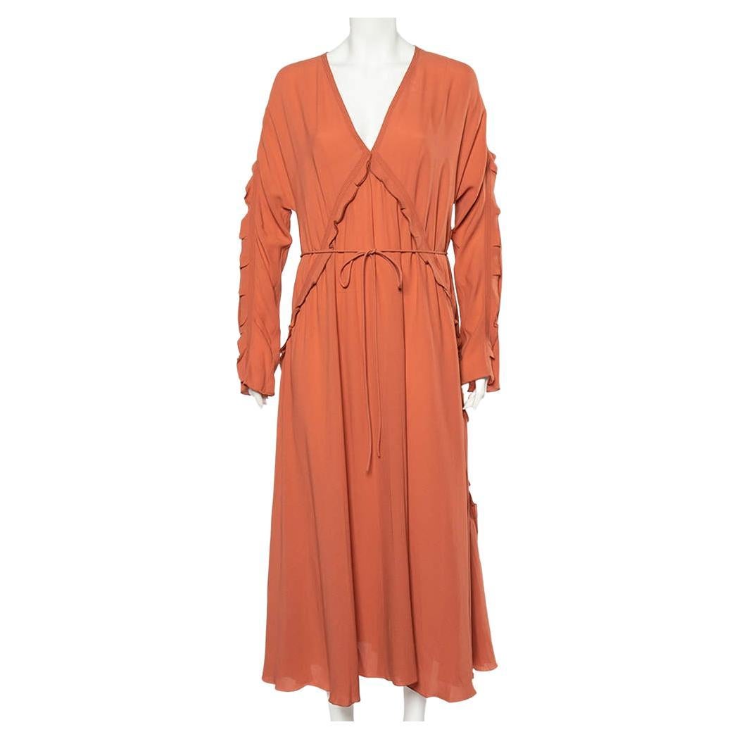 Bottega Veneta Dusky Orange Silk Georgette Belted Fluid Maxi Dress L