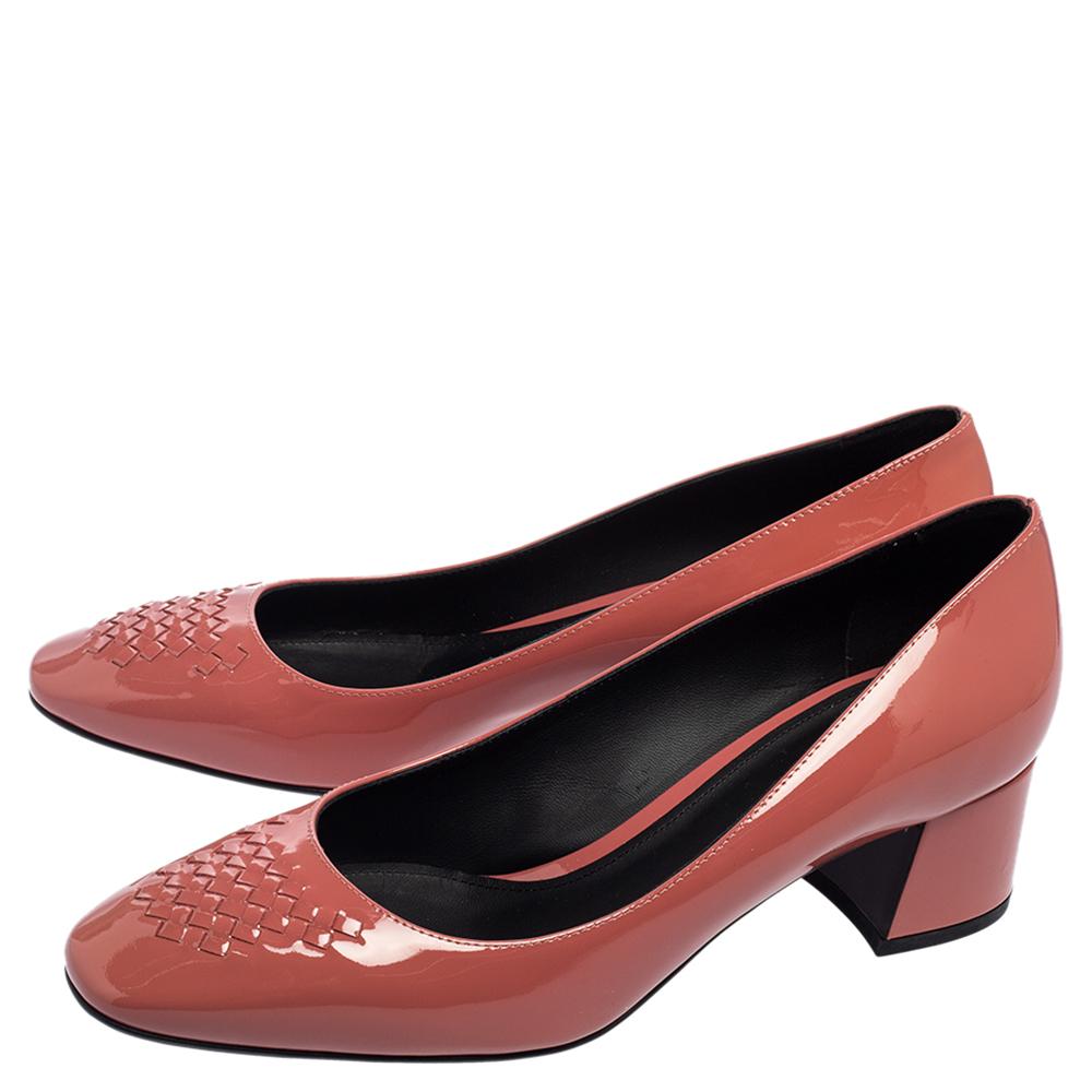 Bottega Veneta Dusty Pink Patent Leather Intrecciato Block Heel Pumps Size 37.5 2