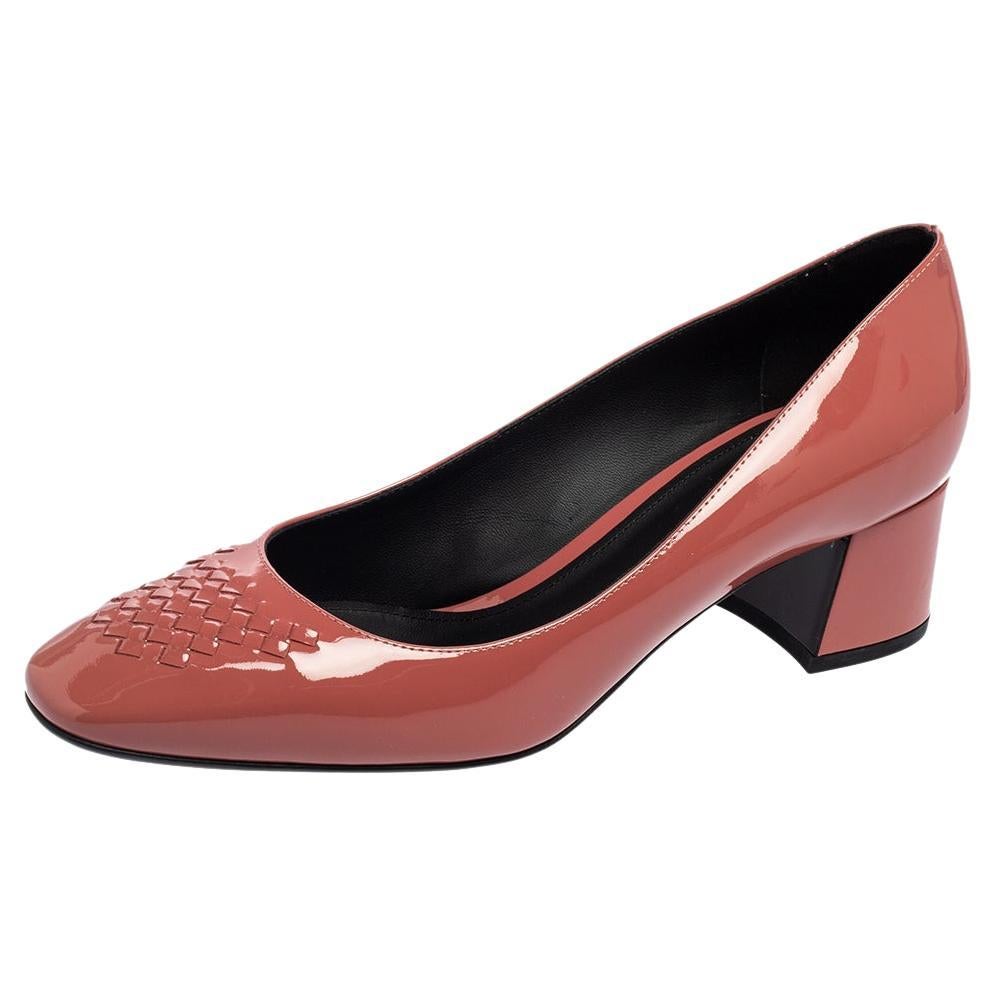 Bottega Veneta Dusty Pink Patent Leather Intrecciato Block Heel Pumps Size 37.5