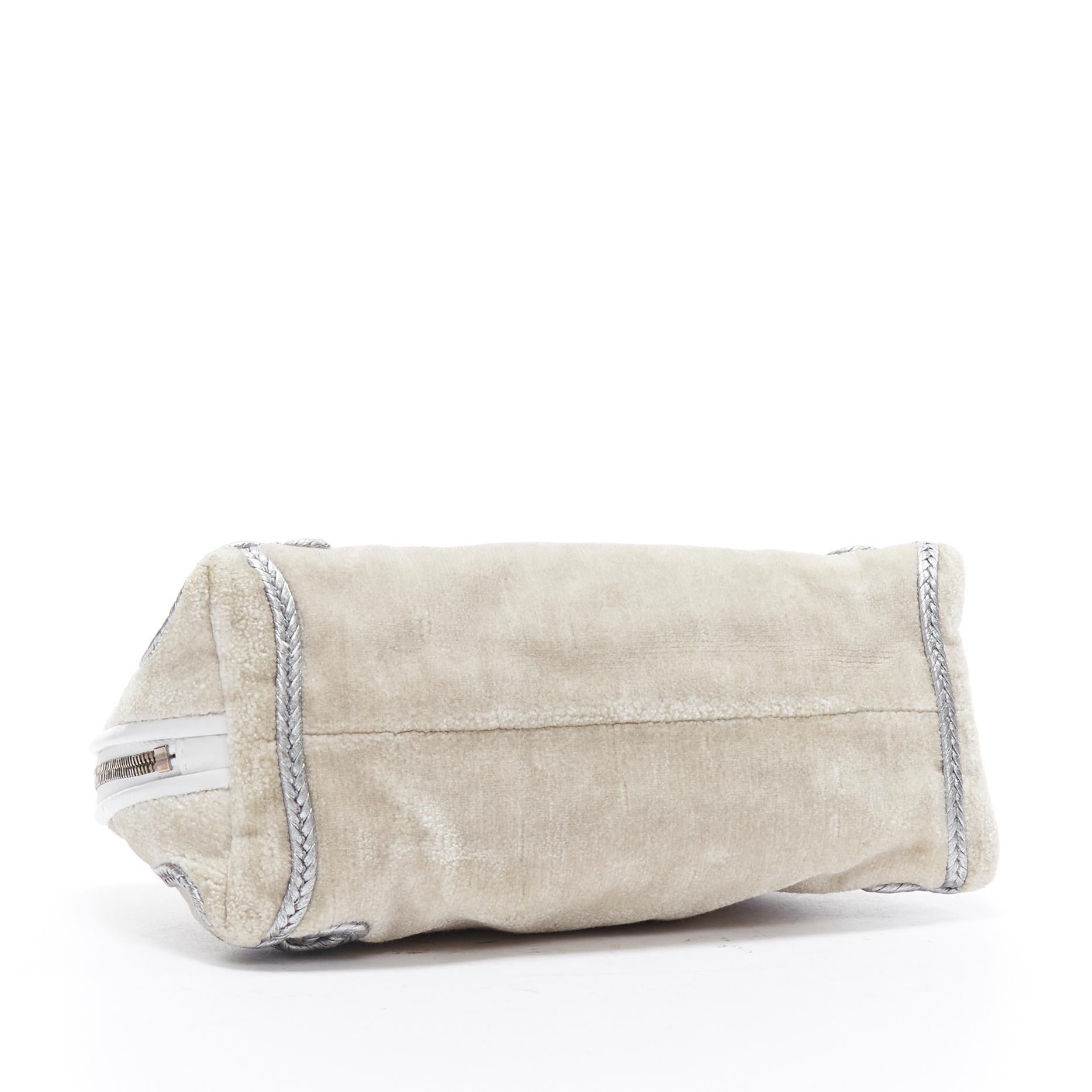 BOTTEGA VENETA ecru velvet silver woven leather detail top zip pouch bag In Good Condition In Hong Kong, NT