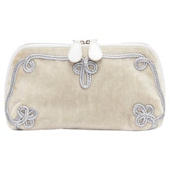 BOTTEGA VENETA ecru velvet silver woven leather detail top zip pouch bag