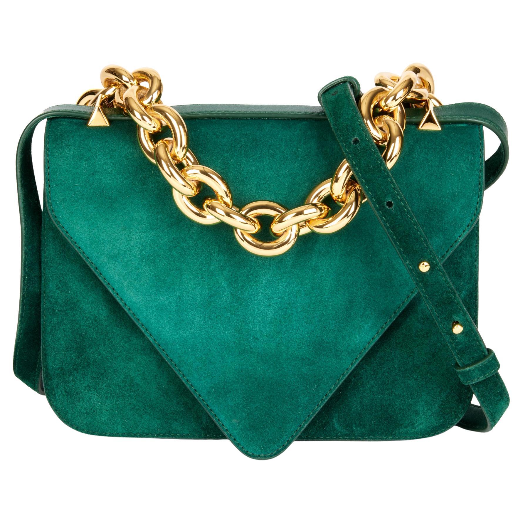 Chanel Green Lambskin Flap Top Handle Bag with Golden Hardware at