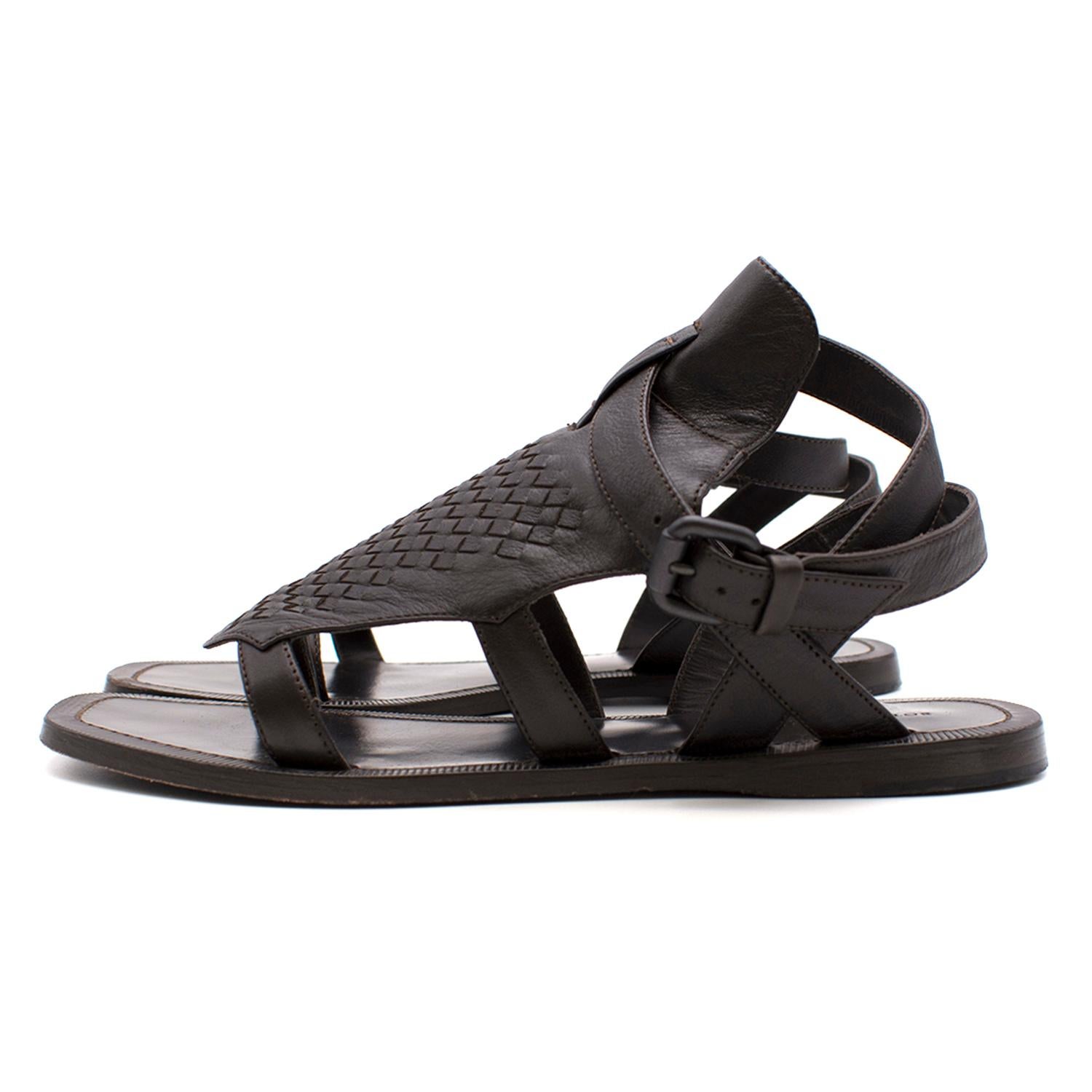 Bottega Veneta Espresso Woven Gladiator Sandals US 6.5 In Good Condition In London, GB