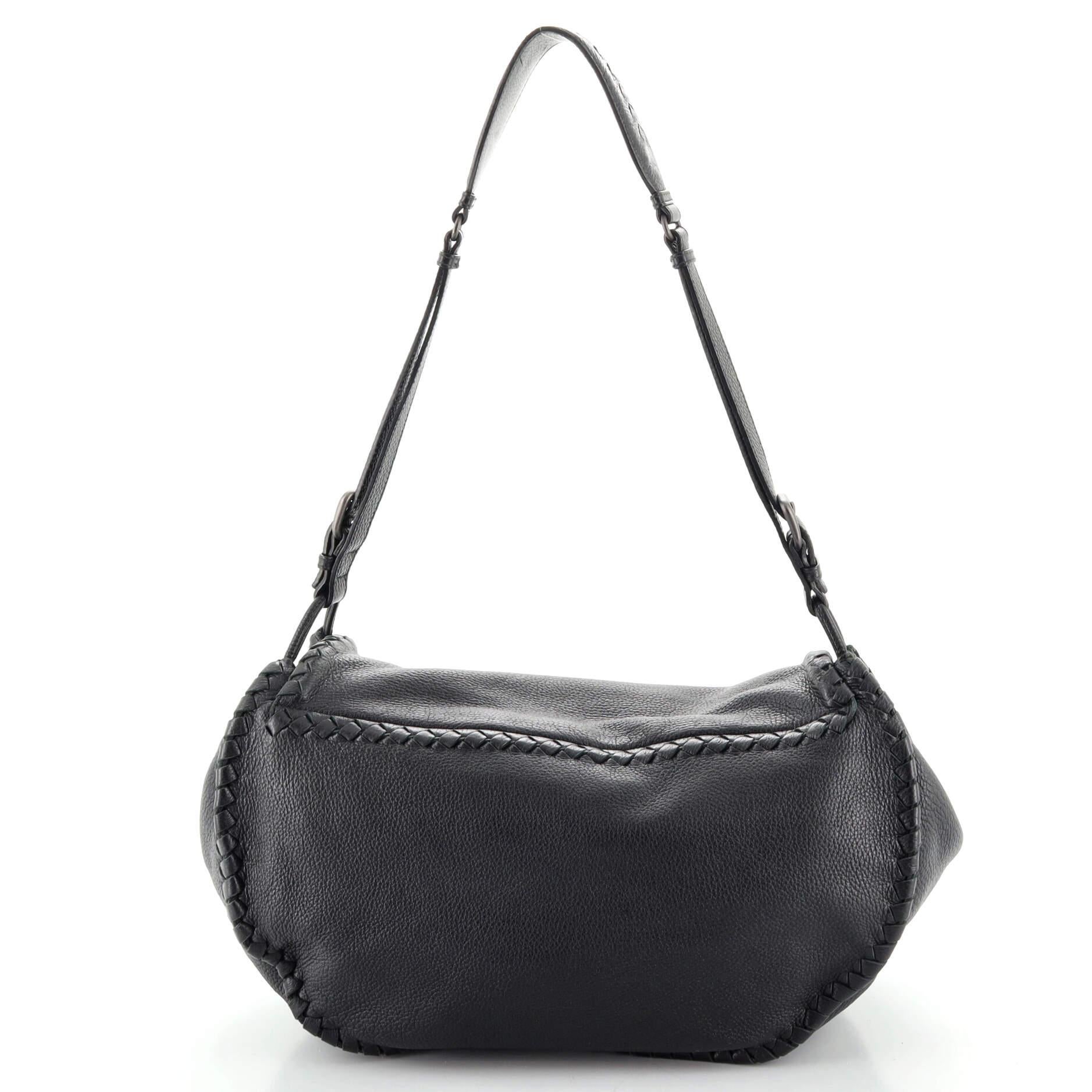 Black Bottega Veneta Flap Saddle Messenger Bag Leather with Intrecciato Detail Medium