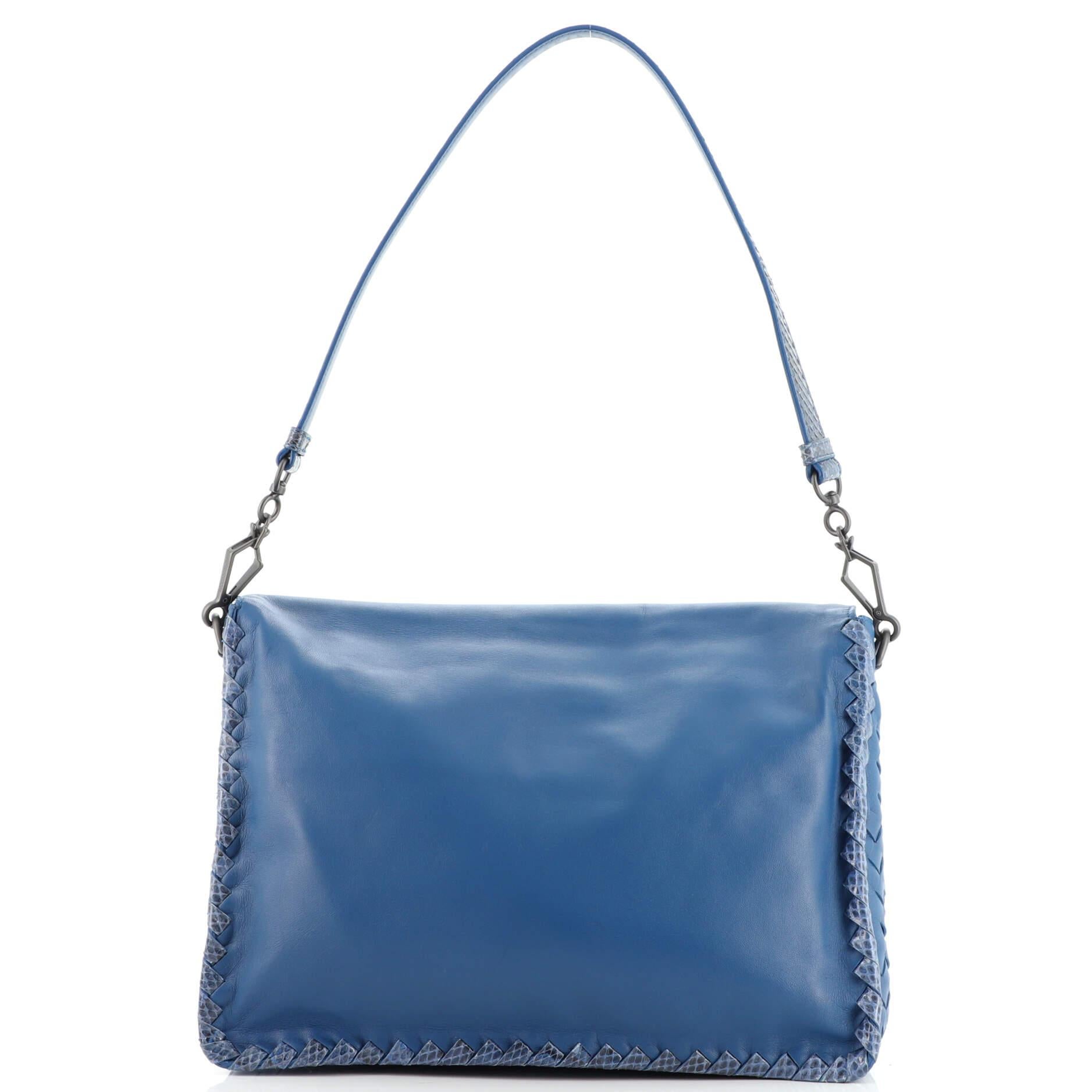 Blue Bottega Veneta Fold Over Convertible Shoulder Bag Leather with Python Med