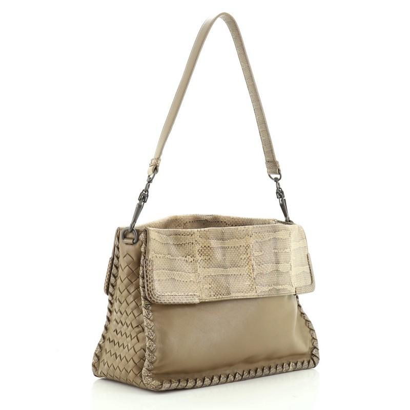 Brown Bottega Veneta Fold Over Convertible Shoulder Bag Leather With Python Medium