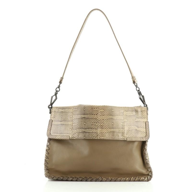 Bottega Veneta Fold Over Convertible Shoulder Bag Leather With Python Medium In Good Condition In NY, NY