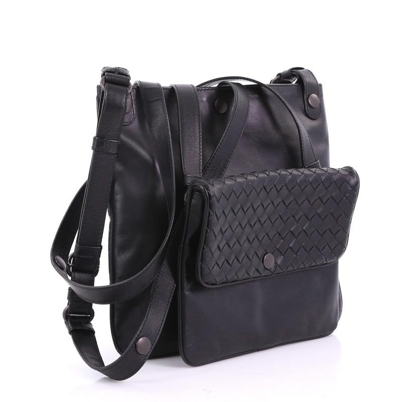 Black Bottega Veneta Front Pocket Messenger Bag Leather with Intrecciato Detail Small