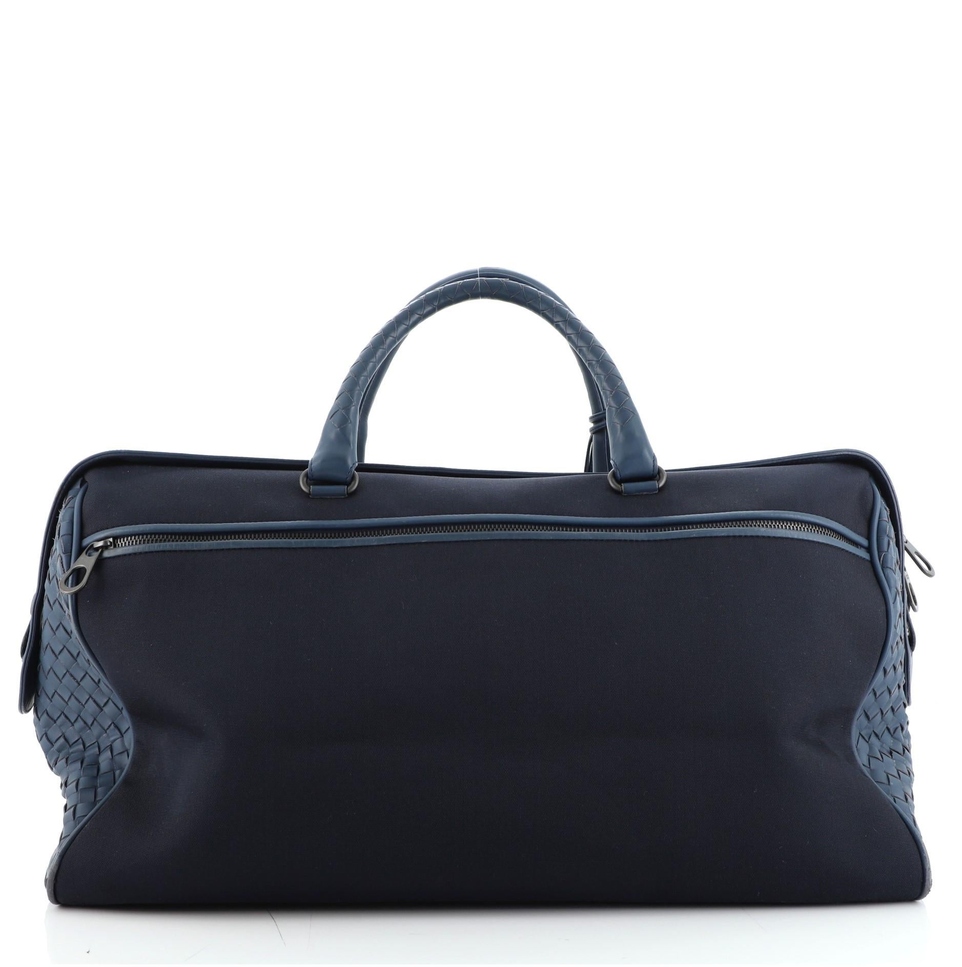 Black Bottega Veneta Front Pocket Zip Boston Bag Nylon with Intrecciato Nappa L