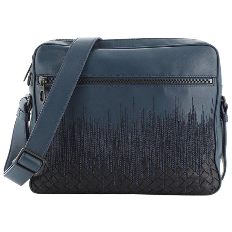Bottega Veneta Front Zip Pocket Messenger Bag Leather with Embroidery