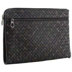 Bottega Veneta Front Zip Portfolio Pouch Printed Intrecciato Nappa Large Black