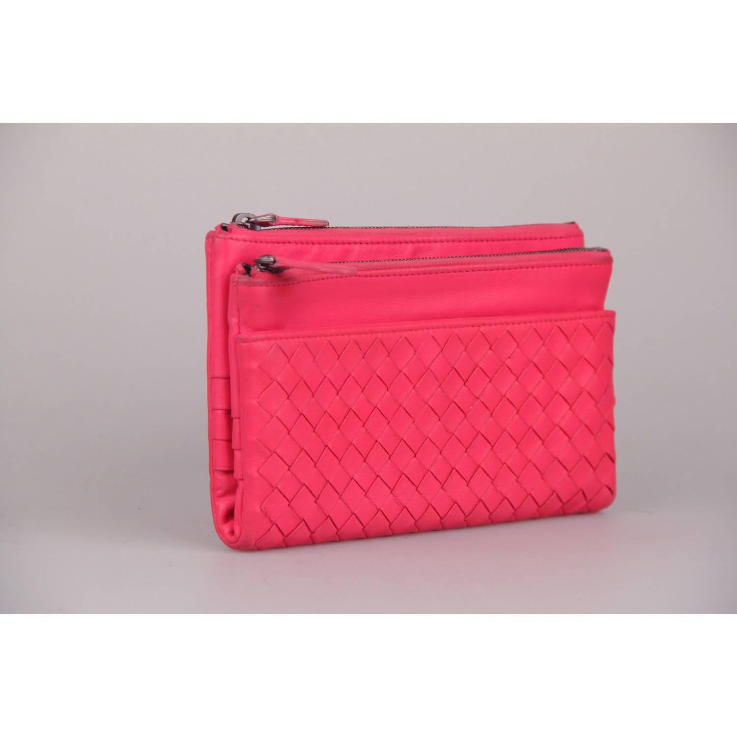 Red Bottega Veneta Fuchsia Woven Intrecciato Leather Fold Over Wallet 