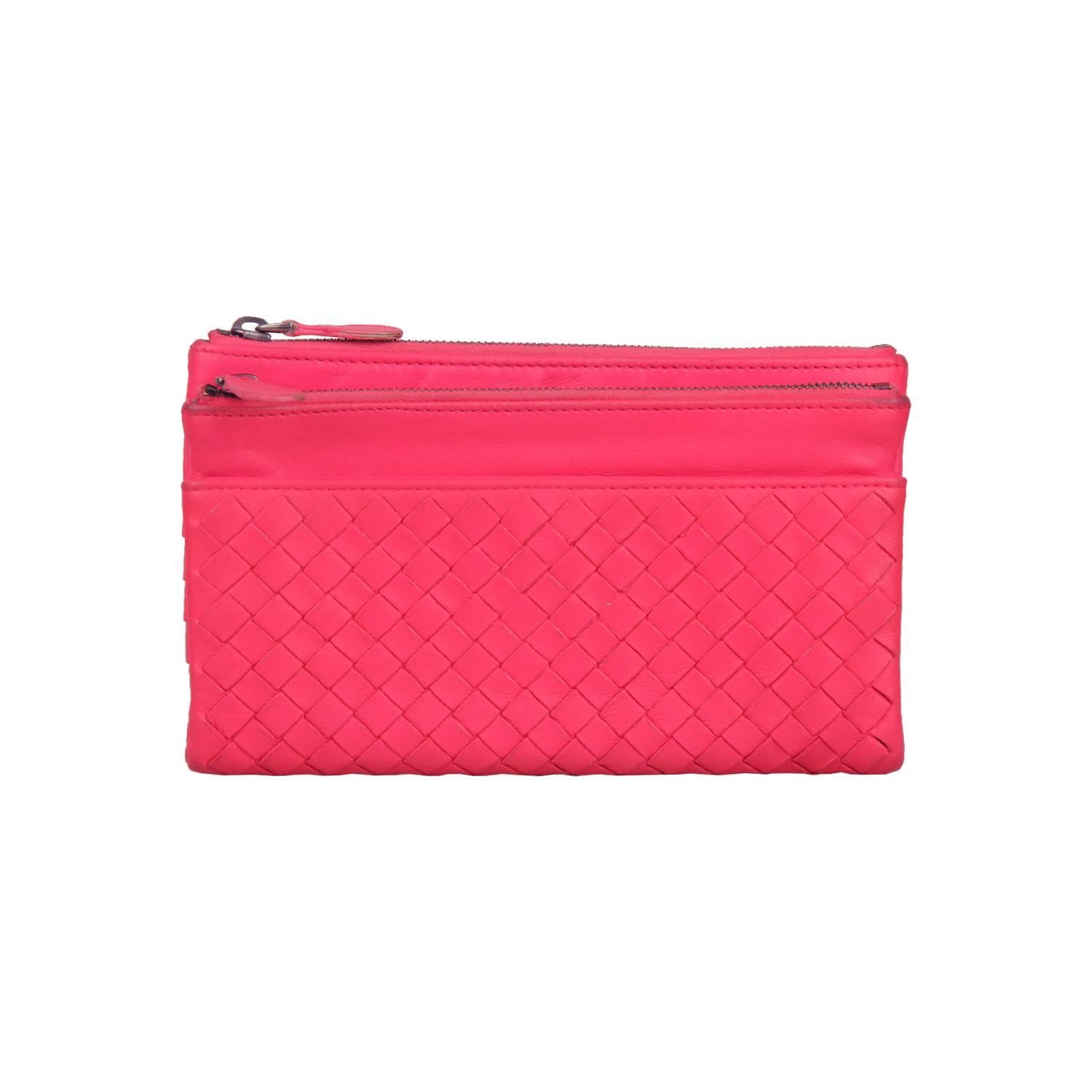 Bottega Veneta Fuchsia Woven Intrecciato Leather Fold Over Wallet 