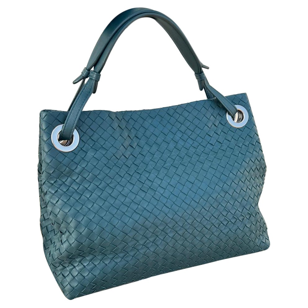 Bottega Veneta Garda Teal Blue Intrecciato Nappa Leather Large 33cm For Sale