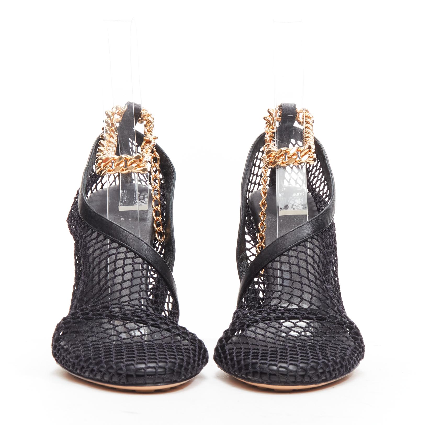 Black BOTTEGA VENETA gold ankle chain black mesh leather dorsay sandals EU39 For Sale