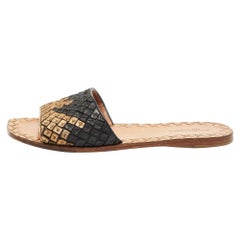 Bottega Veneta Gold/Black Intrecciato Leather Flat Slides Size 38