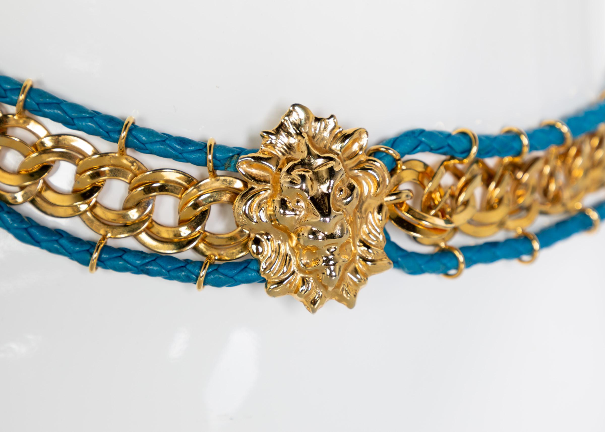 Brown Bottega Veneta Gold Chain Turquoise Leather Lion Head Belt, 1990s For Sale