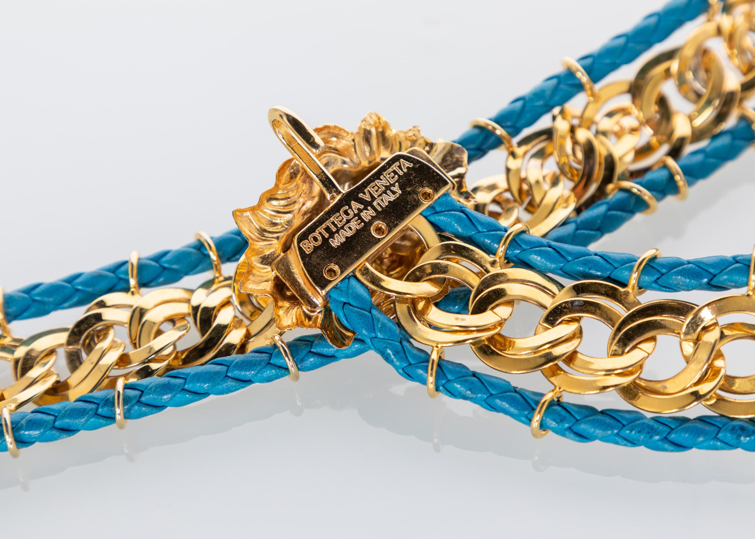 Women's or Men's Bottega Veneta Gold Chain Turquoise Leather Lion Head Belt, 1990s For Sale