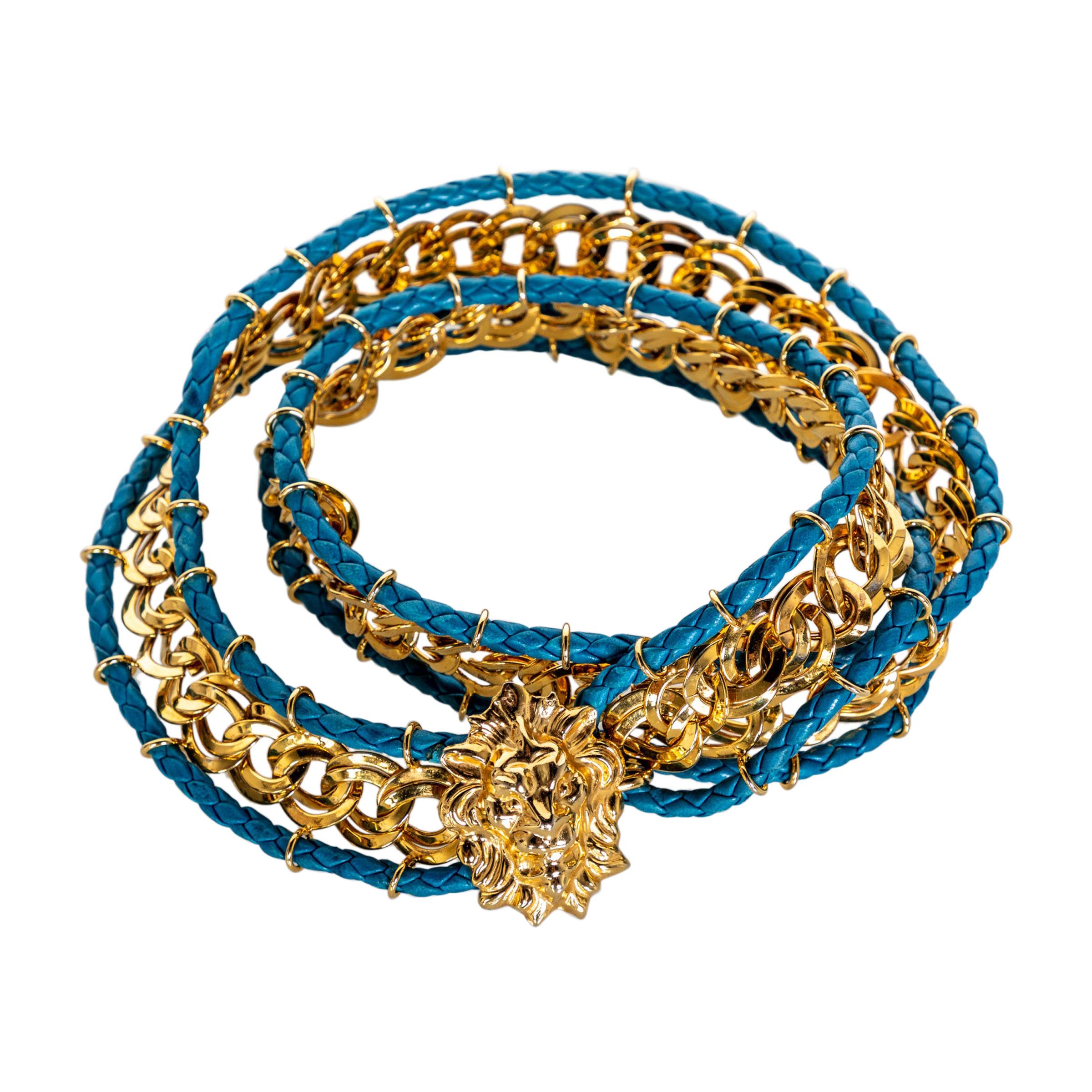 Bottega Veneta Gold Chain Turquoise Leather Lion Head Belt, 1990s For Sale