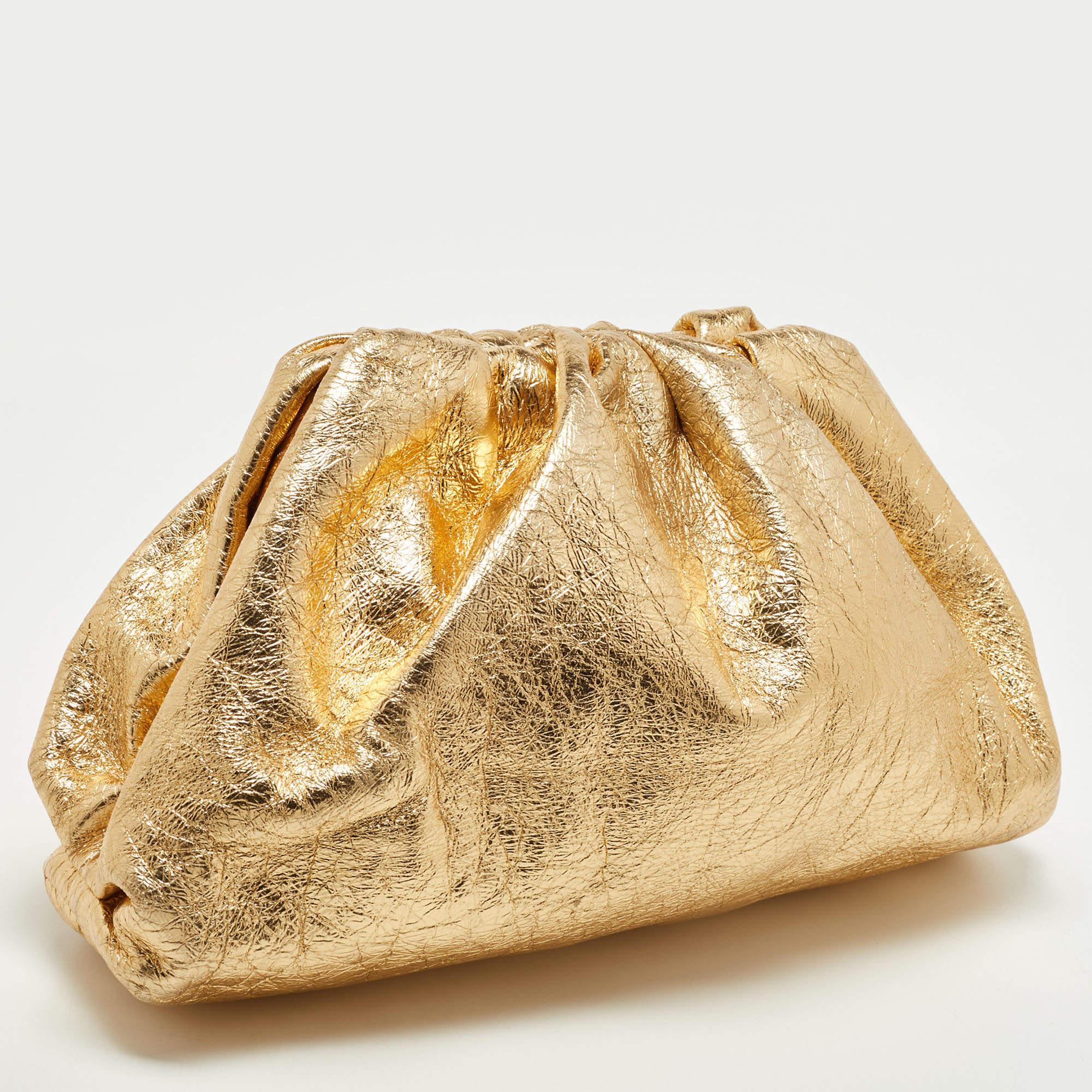 Women's Bottega Veneta Gold Crinkled Leather The Pouch Clutch