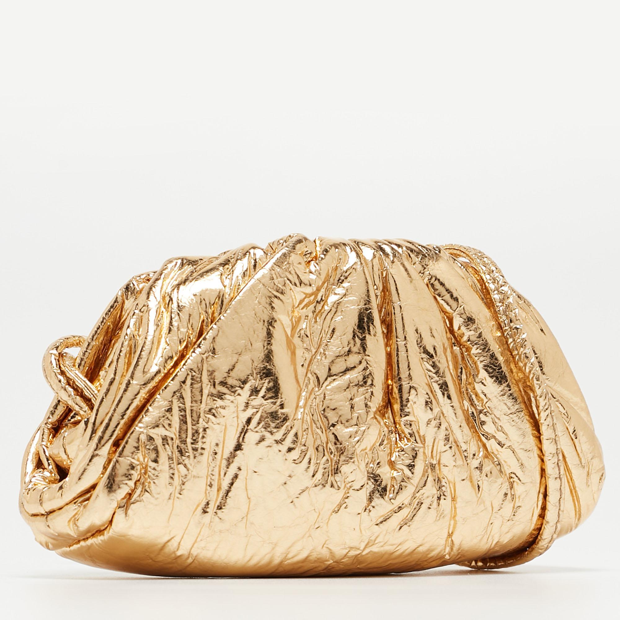 Women's Bottega Veneta Gold Foil Leather Extra Mini Pouch Bag