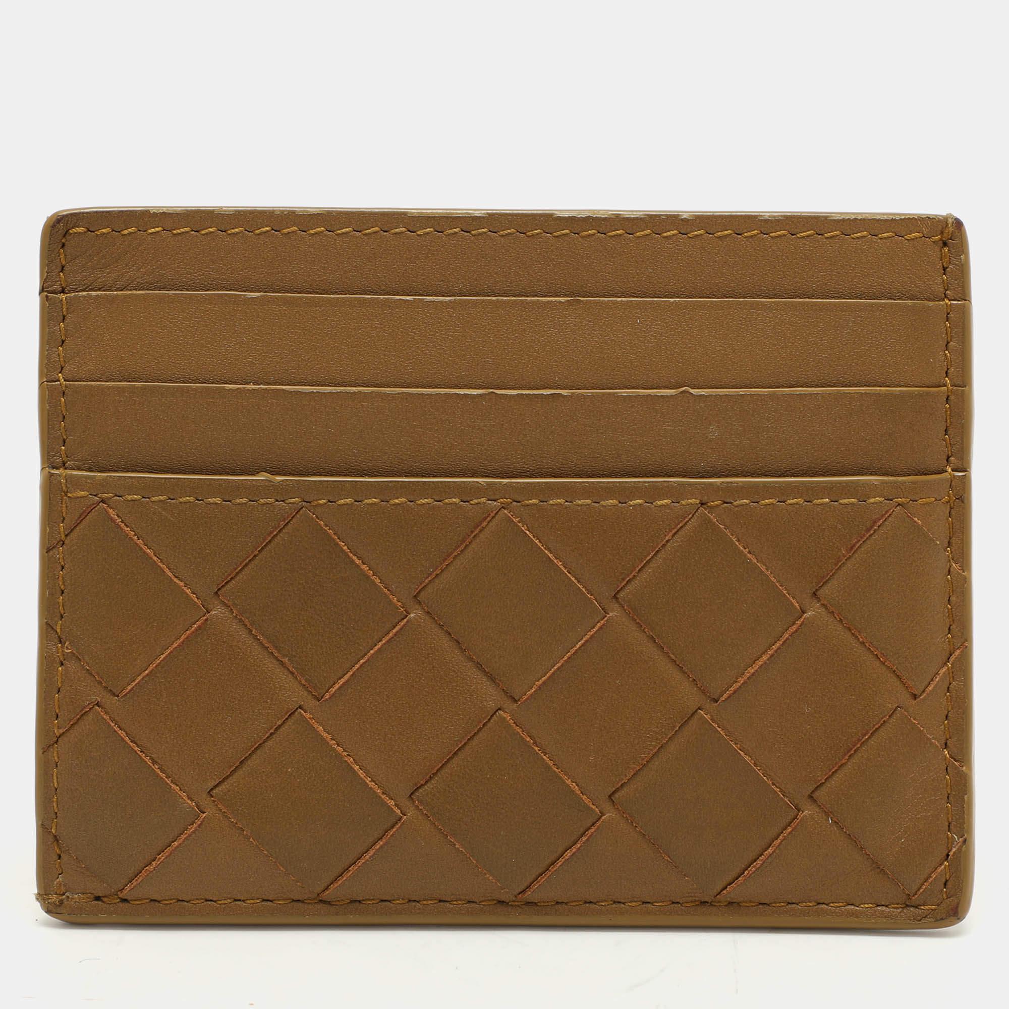 Brown Bottega Veneta Gold Intrecciato Leather Card Holder