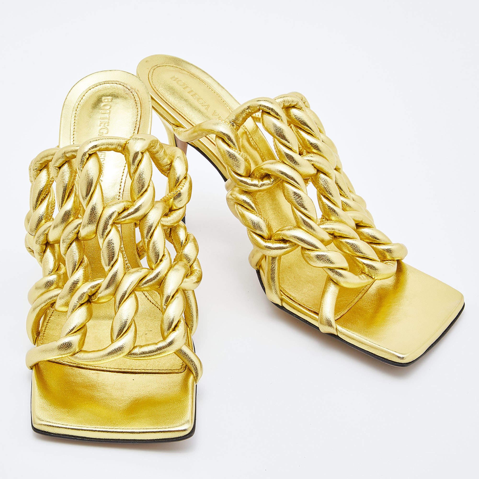 Bottega Veneta Gold Laminated Leather Stretch Twist Kitten Heel Mules Size 36.5 1